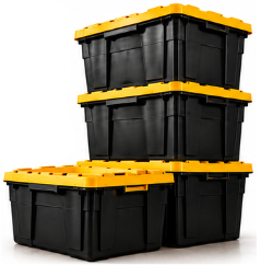 Stack of black storage totes with yellow lids